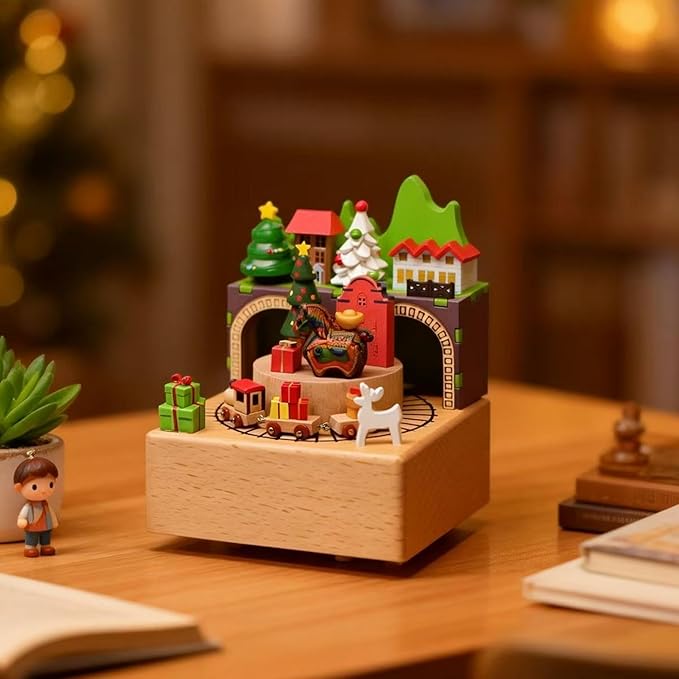 Natural Solid Wood Handcrafted Beech Wooden, Musical FigureTotoro/Carousel/Fairy/Ballerina Figurine,Rotating Hand Crank Mechanism Music Box,Musical Decorations (Christmas and Pony)