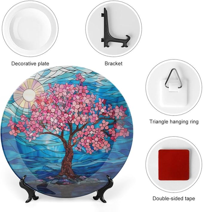 Stained Glass Theme Decorative Ceramic Plate Round Porcelain Plate,10 inch,Cherry Tree Pattern,for Decorative Ornaments Giving Plates, 1 Plate with 1 Display Stand,Blue Pink