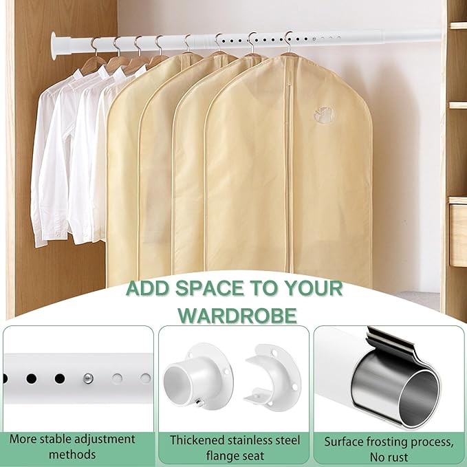 Closet Rods for Hanging Clothes, 1.3 Inch Diameter Heavy Duty Closet Rod 17-87 Inch Adjustable Clothes Hanging Bar Matte White Shower Curtain Rods for Closet, Wardrobes, Bathroom, Windows