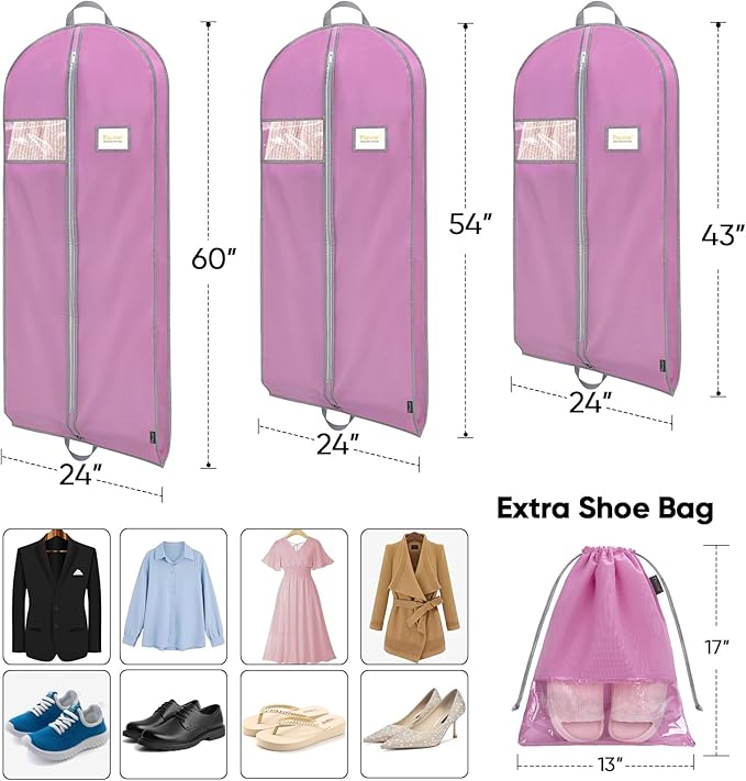 BALEINE 2PK Heavy Duty Garment Bag with Shoe Storage Travel Bag for Dresses, Suit, Coats Travel Essential (60", Pink)
