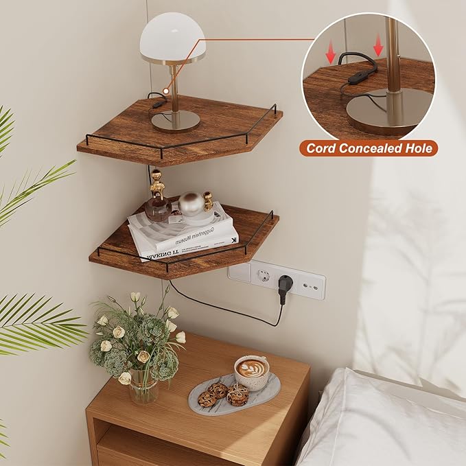 JJL Corner Shelf Wall Mounted, 12 Inches 2-Tier Floating Corner Shelf, Hexagon Rustic Wood Decor with Fence, Brown Storage Organizer for Apartment Bedroom Kitchen Bathroom