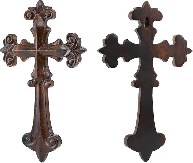 DAICAT - Hand-carved Cross, Wood Cross for Wall 9.8 Inch, Cross Wall Decor for Home, Rustic Crucifix Gift for Mom and Dad, Hand made Mother's Day Gifts for Mom, Wife, Sister, Grandma (No 2)