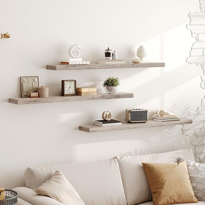 RALGEND Floating Shelves for Wall, 47.2" Large Grey Wall Shelf Set of 3 with Invisible Brackets, 1.5" Thick Hanging Book Shelves Farmhouse Decor for Bathroom, Living Room, Bedroom, Greige 12301BJP3BG
