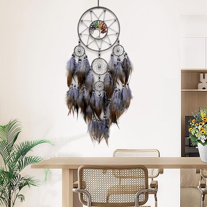Grey Large Dream Catcher Wall Decor Crystal Tree of Life Dream Catchers Handmade Feather Dreamcatcher Wall Hanging Ornament for Bedroom Living Room Home Decor