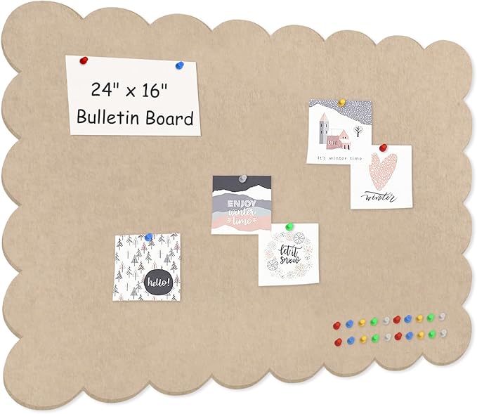 Foldable Decorative Scalloped Felt Bulletin Board 24 * 16 Inches for Wall, Alternative Photo Board Self-Adhesive Vision Board Decorative Pin Board, Dark Camel