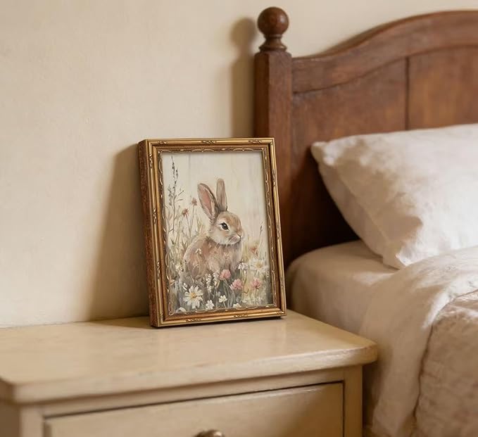 Vintage Gold Framed Bunny Wall Art, Spring Rabbit and Wildflowers Cottagecore Painting Canvas Print, Country Animal Picture Wall Decor Rustic Farmhouse Floral Poster Artwork for Living Room Bedroom