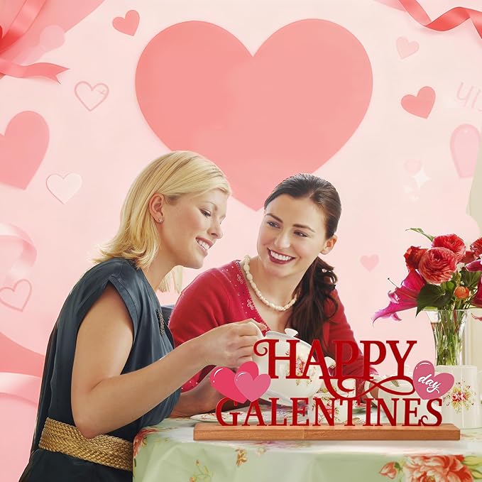 Teenyyou Happy Galentines Day Tabletop Decoration Galentines Day Party Centerpiece Red Pink Glittery Heart Romantic Metal Word Sign with Wooden Base for Valentines Bunting Ladies Photo Props