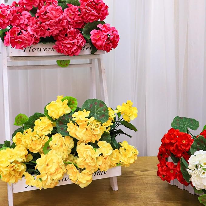 Artificial Geraniums Flowers for Outdoors Spring Decor, 4 Bundles UV Resistant Fake Geraniums Flowers Silk Faux Plants for Home Planter Gardens Table Patio Porch Indoor Cemetery Summer Decor(Yellow)