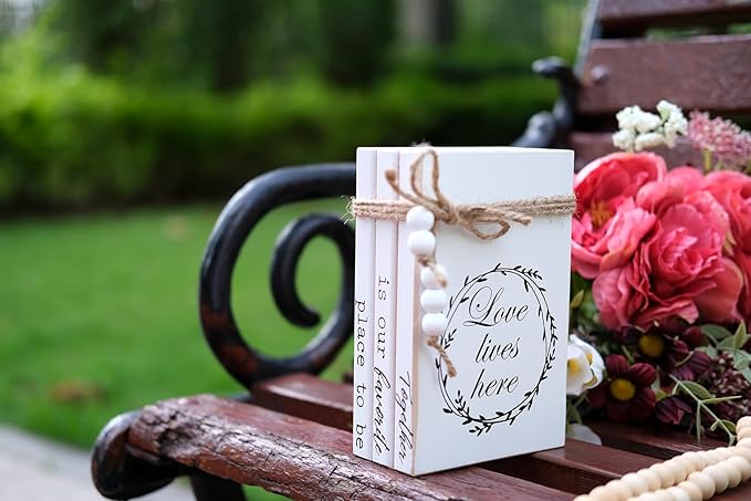 LIVDUCOT Decorative Books for Home Coffee Table Decor, Faux Books for Decoration, Modern Farmhouse White Wood Book Stack Decor for Shelf, Together is Our Favorite Place to Be Sign 7x5.5x2.5