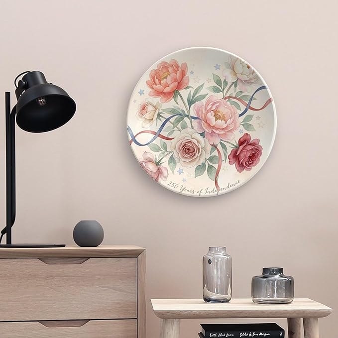 250th Anniversary Decorative Plates 10 Inch Watercolor Floral Patriotic Decorations Commemorative Plates with Stand Memorial Day 4th of July Veterans Day Home & Office