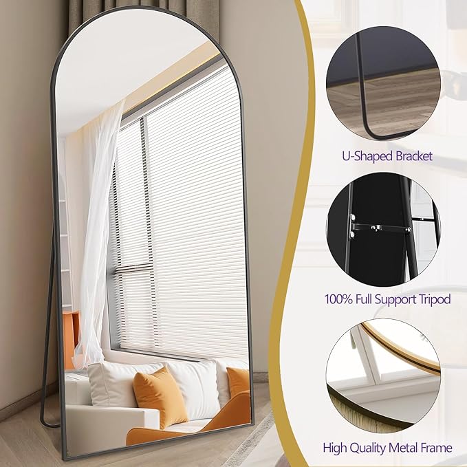 Prywot Arched Floor Mirror, 76 "x 34" Full Length Mirror Wall Mirrors Hanging or Leaning Arched-Top Full Body Mirrors with Stand for Bedroom, Dressing Room, Black