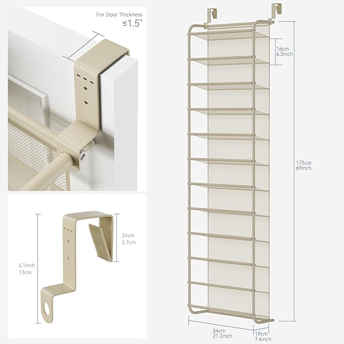 Whitmor 36 Pair Over The Door Shoe Organizer, 12 Tier Hanging Shoe Organizer, Heavy Duty Metal & Mesh Shoe Holder, Hanging Shoe Rack for Closet Organizer & Storage, 69"L x 21.7"W x 7.5"H, Oat