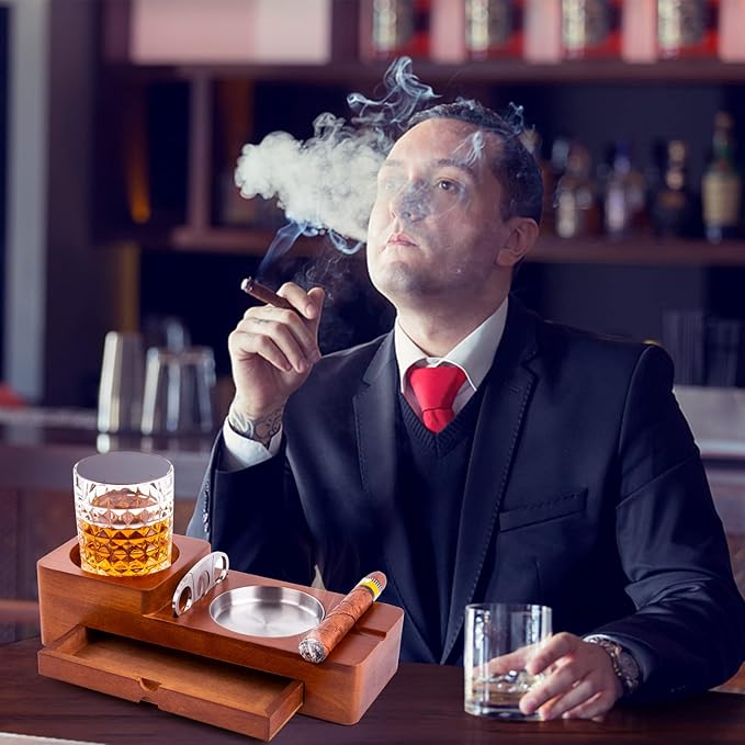 Father Day Gifts Cigar Ashtray Coaster Whiskey Glass Tray and Cigar Holder, Wooden Ash Tray, Slot to Hold Cigar, Cigar Rest Cigar Accessory Set Gift for Men Dad, Great Decor for Home(Large drawer)