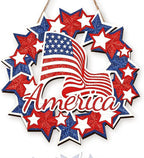 Wooden 4th of July Decorations Patriotic Wreath Independence Day Decorations Front Door with Star Sign Welcome Memorial Day Hanging for Home Wall Decor Outdoor Indoor Red White and Blue Wreath 2