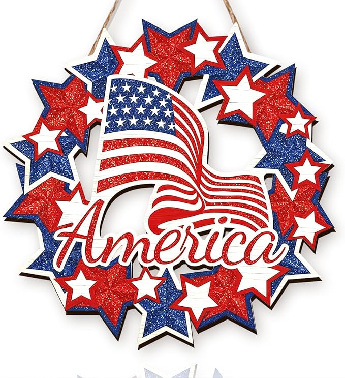 Wooden 4th of July Decorations Patriotic Wreath Independence Day Decorations Front Door with Star Sign Welcome Memorial Day Hanging for Home Wall Decor Outdoor Indoor Red White and Blue Wreath 2