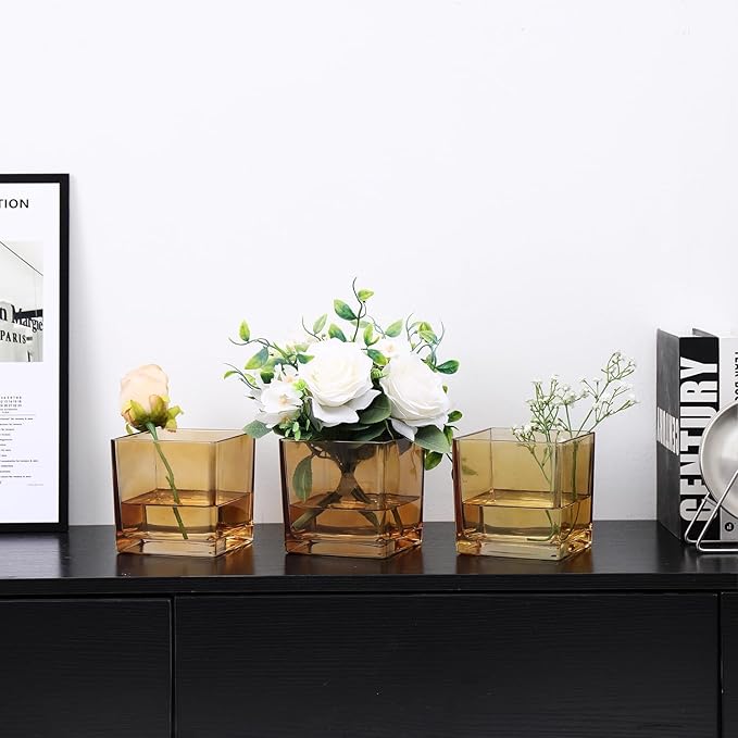Square Glass Vases Set of 4, 4"x 4"x 4" Flower Vases for Centerpieces, Amber Glass Vase for Flowers, Small Vase for Wedding, Party, Home Office Decoration