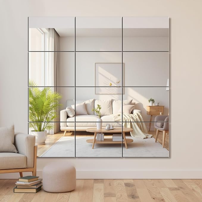 Delma Frameless Mirror Tiles 16"x12"x12 Pcs Wall Mounted, Shatter Resistant Full Length Tempered Glass Panels for Home Gym Bathroom Bedroom & Living Room Decor