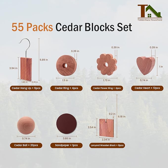 Cedar Blocks for Clothes Storage, Natural Cedar Wood Sachets, Balls & Rings for Closets and Drawers, 100% Natural & Fresh Scented Wardrobe Organizer, 55 Pack