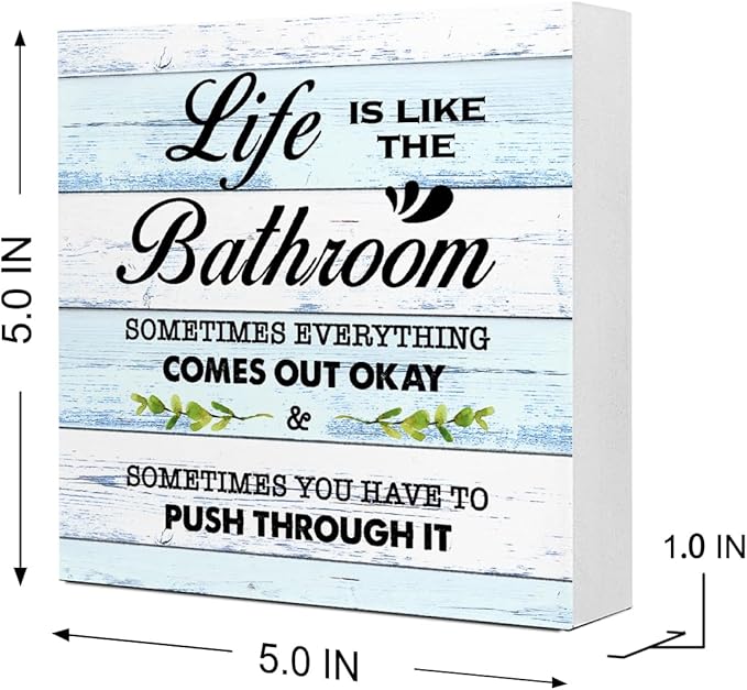 BlueL Life is Like The Bathroom Wooden Box Sign Desk Decor,Funny Bathroom Wood Block Sign for Farmhouse Toilet Shelf Decor