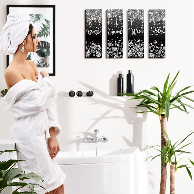 Huwena 4 Pcs Black and Silver Bathroom Wall Decor Glitter Diamond Wooden Living Room Decor Relax Wish Unwind Breathe Sign Black Silver Shiny Drips Hanging Bathroom Sign for Toilet Home Spa