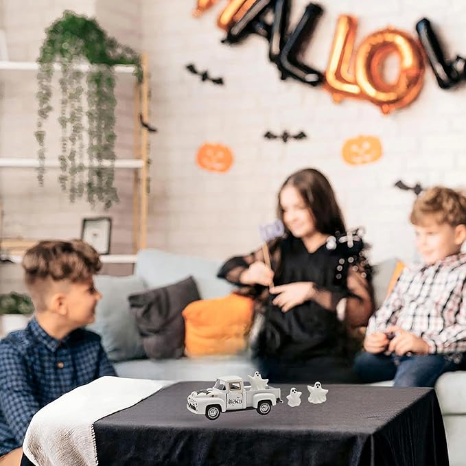 Halloween Decorations - Mini Cute Farmhouse Style Halloween Metal Truck Decor with 3 Removable Mini Ghost Ornaments for Tabletop, Tiered Tray, Shelf, Fireplace and Home Indoor Décor