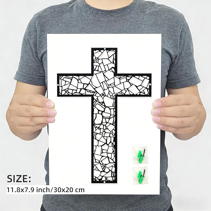 Black Metal Cross Wall Decor Iron Christian Cross for Home Church, Hollow Out Artistic Hanging Ornament, Crosses Wall Decor for Living Room, Bedroom, Decorative Thankful Religious Gift 11.8x7.9 inch