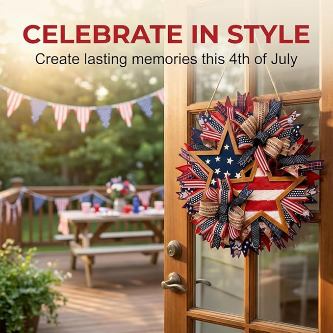 Patriotic Wreaths for Front Door, 250 Anniversary Wreath 4th of Red White and Blue Wreath, Memorial Day Flag Wreaths for Indoor Outdoor Porch Decory Holiday Decorative (#A)