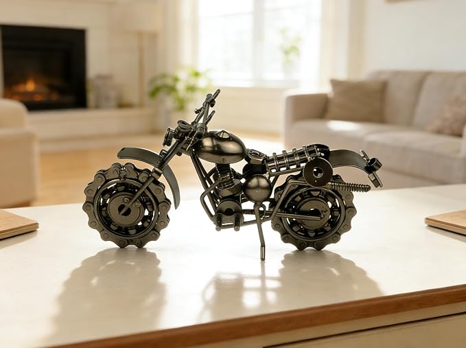 TRANSGOOD Handmade Motorcycle Model with Rolling Wheels, 9" Vintage Steampunk Bike Sculpture, Heavy-Duty Iron Desk Decor, Unique Biker Gift for Dad Husband, Industrial Man Cave Office Home Art (B03)