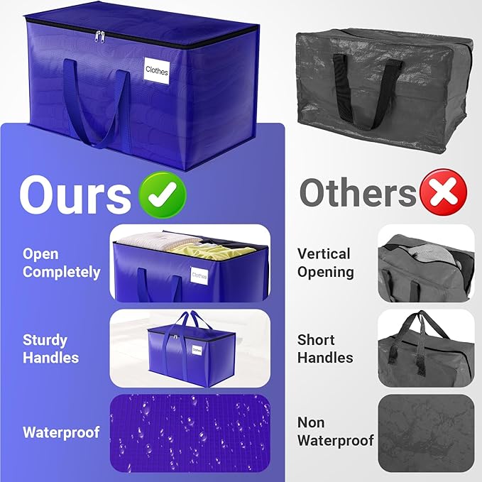 Moving Storage Bags, Moving Supplies Packing Boxes for Moving, Camping, College Dorm Room Essentials for Girls, Blue Tote Bags, Heavy-Duty Storage Bins With Lids And Zippers, 76L 2 Pack