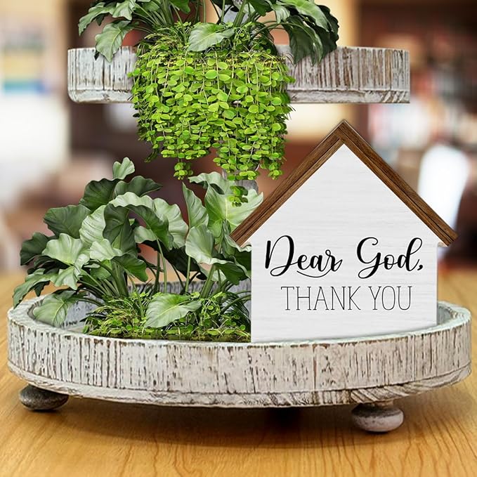 Christian Home Decor, Dear God Thank You House Shaped Wood Sign, Christian Farmhouse Living Room Decor for Desk Table Shelf