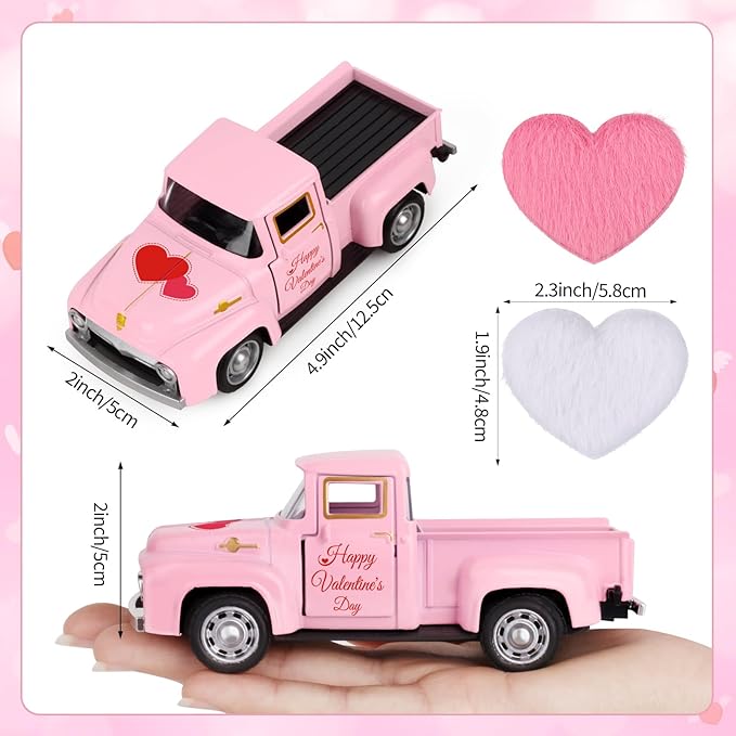 Valentine's Day Mini Metal Farm Truck with Pink and White Hearts Vintage Metal Pickup Romantic Love Model Truck Farmhouse Tiered Tray Decor for Shelf Kitchen Table Home Decor