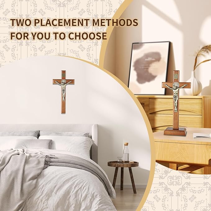 ACHIBANG 10.7" Wooden Standing Crucifix, Two-Way Catholic Jesus Cross Stand for Wall or Tabletop, Solid Faith Decor for Home