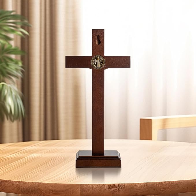 KUXBET Wooden Crucifix Cross with Detachable Stand 10 Inch Standing Catholic Wooden Jesus Christ Wall Hanging Cross for Home Decor