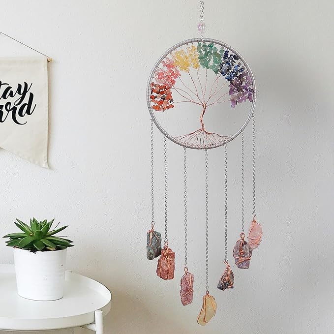 Tree of Life Dream Catchers with Crystal 7 Chakra Gemstone Dream Catchers Color Natural Gem Raw Stone Wall Hangings Room Garden Dreamcatchers Decor(Silver)