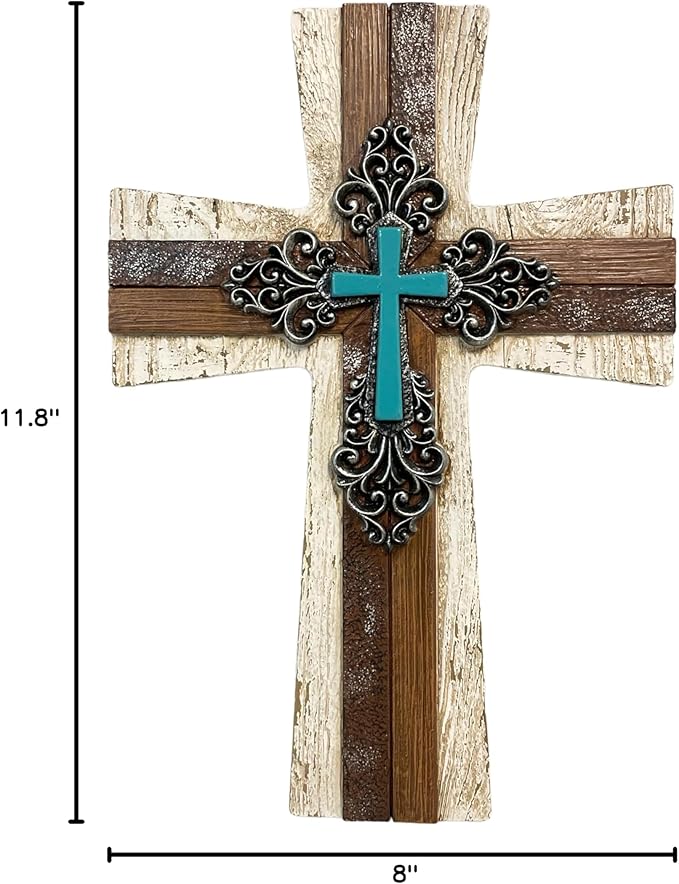 De Leon Collections 14233 Fleur De Lis Layered Turquoise and Brown 11.8 Inch Polyresin Southwestern Rustic Distressed Decorative Home Décor Hanging Sculpture Wall Cross