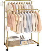 AT-VALY Double Rod Clothing Rack with wheels,Garment Rack for Hanging Clothes,Multi-functional Bedroom Clothes Rack (Gold)