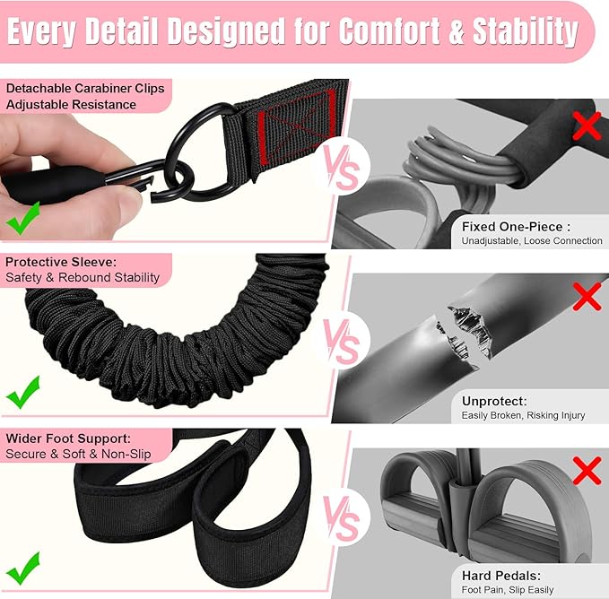 Upgraded Multifunction Pedal Resistance Band with Handle, 3 Tube Adjustable Resistance Bands for Abdomen, Waist, Arm, Core/ABS, Leg Workout - Sit Up Exercise Equipment for Women