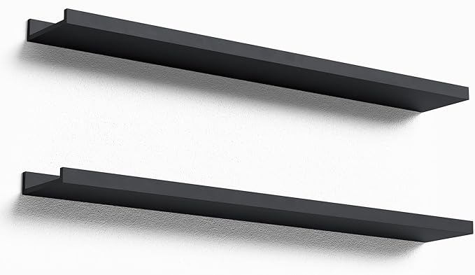 Boswillon 35.4 Inches Long Floating Shelves Wall Mounted, 2 Set Modern Black Wall Shelf for Bedroom, Nursery Book Shelf with Lip, Picture Ledge Shelf for Decor Living Room Bathroom Kitchen- Black