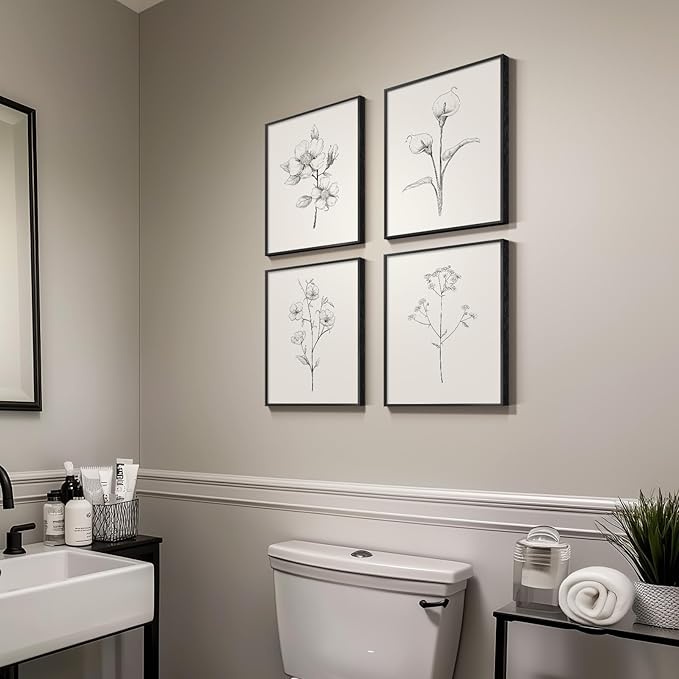 Framed Black and White Floral Wall Art, 4 Piece Vintage Gray Botanical Canvas Prints Painting Artwork, Minimalist Neutral Flower Pictures for Farmhouse Bedroom Living Room Bathroom Home Decor, 11x14
