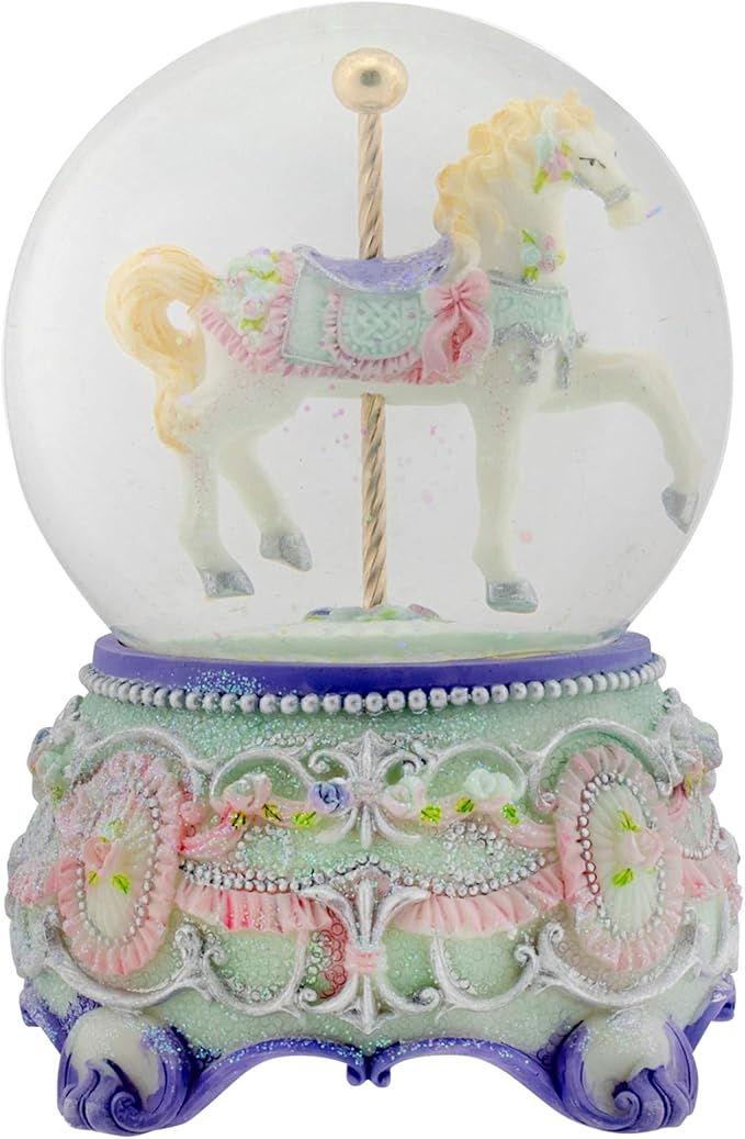 Elanze Designs Purple Floral Horse and Carousel 100MM Sturdy Wind Up Musical Glitter Water Snow Globe Tabletop Dresser Nightstand Figurine Decoration Plays Tune Carousel Waltz