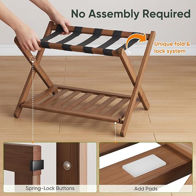 Set of 2 Fully Assembled 26.77" Dark Walnut Luggage Racks with Foldable Shoe Shelf, 5 Heavy-Duty Straps Bamboo Suitcase Stand, Luagge Holders for Guest Room Bedroom, Hotel