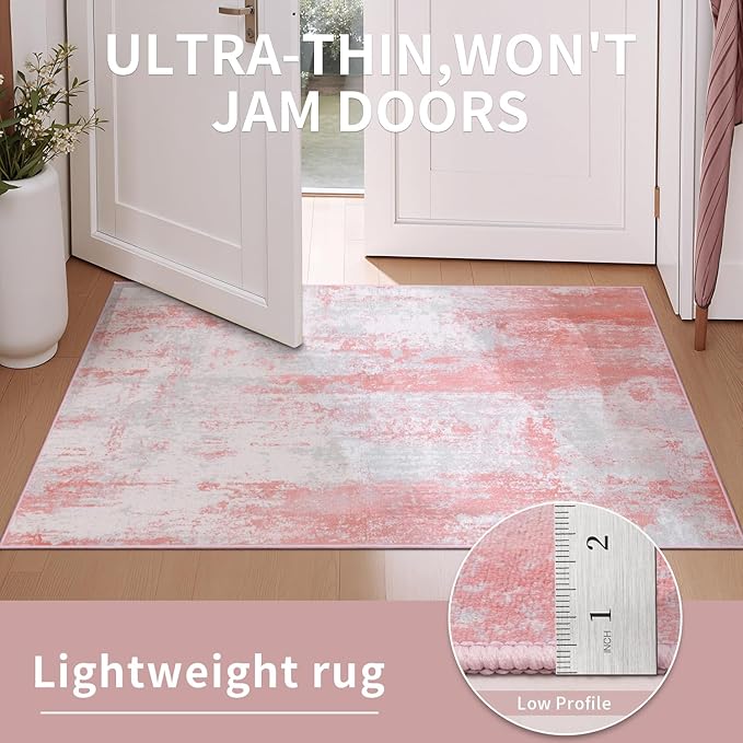 Ciicool Modern Abstract Area Rug, 2x3 Pink Grey Washable Small Entryway Rug, Low Pile Soft Non-Slip Kitchen Rug Thin Throw Rugs Room Mat Foldable Bathroom Rugs Non-Shedding Floor Carpet Indoor