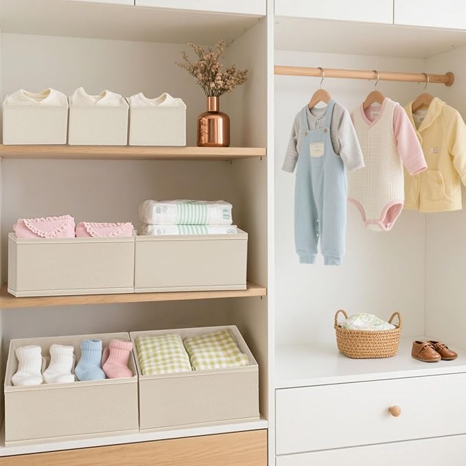 Drawer Organizer Clothes & Dresser Organizers - 12 Pack Foldable Drawer Dividers, Baby Clothes Organizer & Nursery Storage for Sock, Underwear, Bra, Belt, Closet and Dresser Drawer Organizers (Beige)