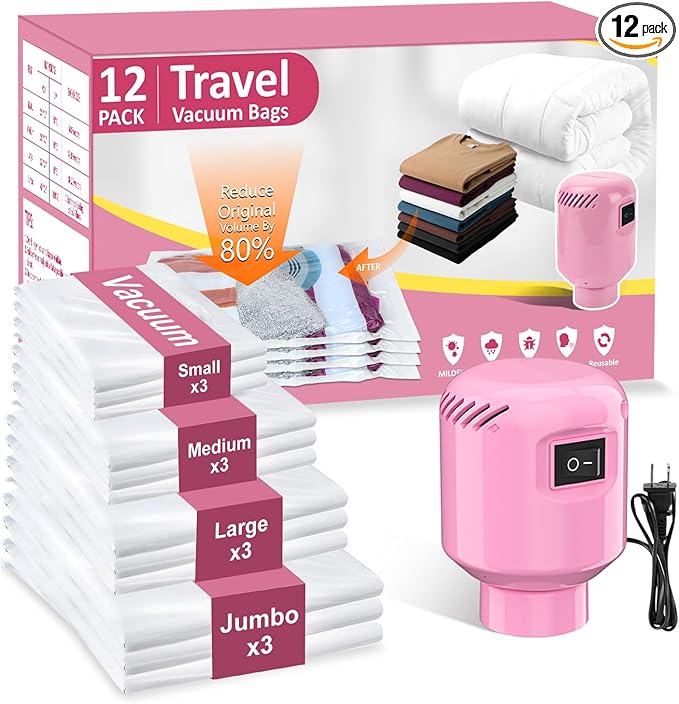 Vacuum Seal Bags for Clothing Travel, 12 Pack Space Saver Vacuum Storage Bags with Electric Pump,Portable Compression Sealer for Clothes, Blankets, Bedding & Travel Essentials,Good for Luggage Packing