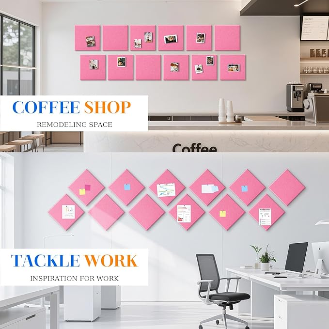 DOLLAR BOSS Large Cork Board for Wall 48" x 36" x 0.5" Pink Bulletin Board 12 Packs Corkboard Tiles Self Adhesive Felt Wall Tiles for Office Home School, Pink