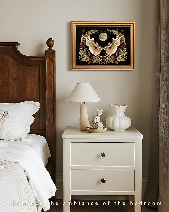 VIYYIEA Vintage Gold Framed Wall Art for Living Room, Easter Canvas Prints Home Decor, Spring Painting Picture, Bedroom Wall Decor Gifts for Friends or Family -【Moonward Hares】-(16L x 12W)