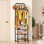 Furologee Clothing Racks for Hanging Clothes, Portable Rolling Garment Rack, Sturdy Metal Freestanding Clothes Rack with Wheels, Double Rods Wardrobe Racks for Bedroom Laundry Living Room
