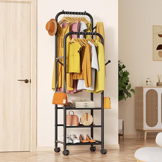 Furologee Clothing Racks for Hanging Clothes, Portable Rolling Garment Rack, Sturdy Metal Freestanding Clothes Rack with Wheels, Double Rods Wardrobe Racks for Bedroom Laundry Living Room