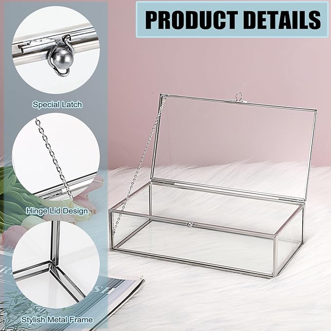 Hipiwe Glass Keepsake Display and Jewelry Organizer With Lid - Silver Decorative Clear Rectangle Storage for Trinket Perfume Collection - Gift for Birthday Anniversaries, Large