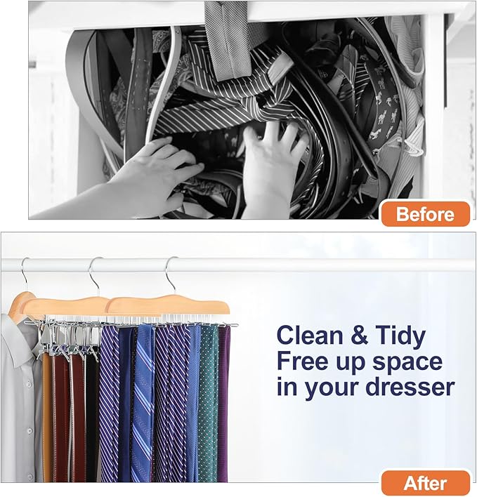 TOPIA HANGER Tie Rack Hanger for Closet, Wooden Tie Organizer for Men with 24 Folding Hooks, Space Saving Necktie Holder for Storage and Display Bra, Tank Top, Camisole (1-Pack), Natural- CT14N